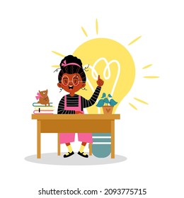 Cute and happy child girl has an idea with finger up and big light bulb, flat vector illustration isolated on white. Cartoon school student character solve the problem at the desk with books.