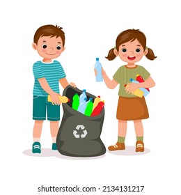 cute happy child kids boy and girl collecting and picking up plastic bottles into garbage bag for recycling help to protect save environment