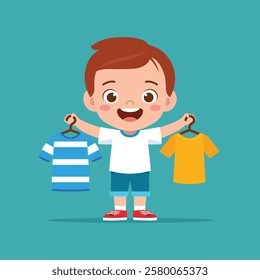 Cute Happy Child Picking Clothes - Editable Vector Cartoon Art