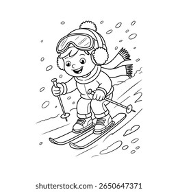 Cute Happy Child Skiing Down Snowy Hill in Winter, Wearing Goggles and Warm Clothes, Cartoon Style Black and White Vector Illustration.