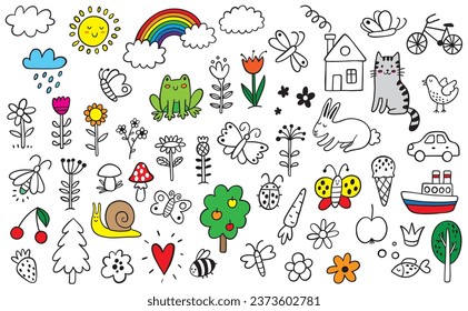 cute and happy childhood hand drawn doodles icon set  