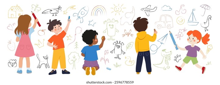 Cute happy children of different nationalities are drawing with crayons and pencils on a white wall. Flat color vector illustration isolated on a white background.