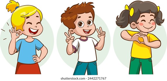 Cute happy children with different positive emotions, feelings, excited facial expressions, thumb up and waving hand gestures, success V sign ,self confidence, and optimistic body languages