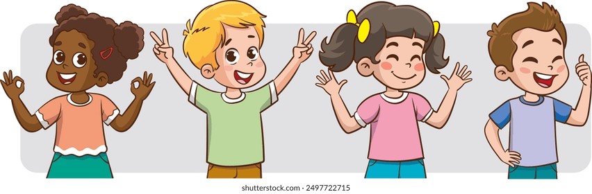 Cute happy children with different positive emotions, feelings, excited facial expressions, hand gestures, self confidence and optimistic body language.