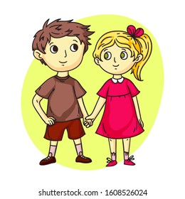 Cute happy children holding hand-in-hand flat cartoon. Smiling preschool girl and boy standing together. Childhood and friendships. Best friends, cheerful brother and sister. Vector illustration