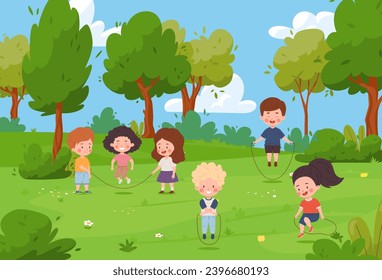 Cute happy children jumping rope together at park flat style, vector illustration. Sport and leisure, joyful kid characters, emotional little people, outdoor activity