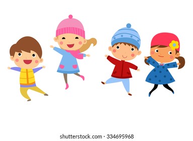 Cute happy children jumping together with winter fashion clothes