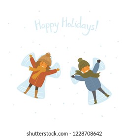 cute happy children making snow angel, isolated cartoon vector illustration graphic