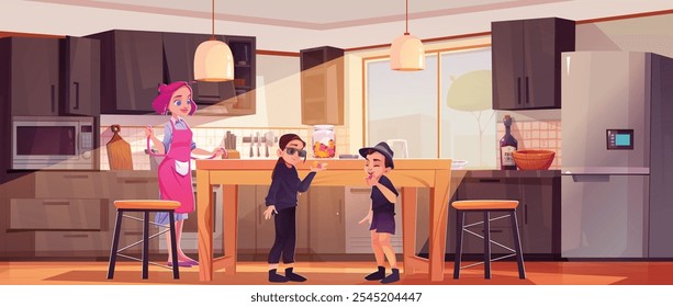 Lindos niños felices y madre en la cocina. Niña y niño sonrientes comen caramelos de oso de goma. Familia de Vector de dibujos animados en el interior de la sala de cocina casera. Hermano y hermana o amigos con postre de gelatina.