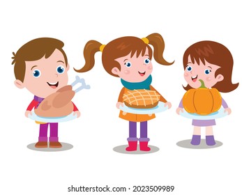 Cute Happy Children With Plate Full Of Thanksgiving Food 2d Cartoon Vector Illustration