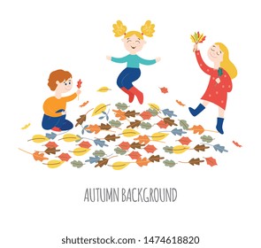 Cute happy children playing outdoors and gathering colorful tree leaves in autumn in flat style isolated on white background - vector illustration of seasonal design element with laughing active kids.