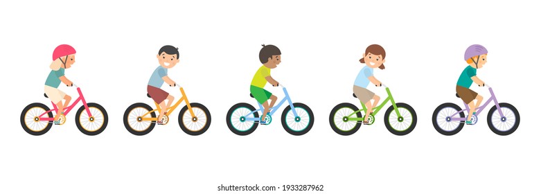 Cute happy children riding bicycles. Different kids ride bikes. Healthy lifestyle. Sport vehicles competition concept. Vector illustration isolated on white