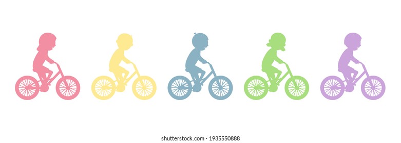 Cute happy children riding bicycles silhouettes. Different kids ride bikes. Healthy lifestyle. Sport vehicles competition concept. Vector illustration isolated on white