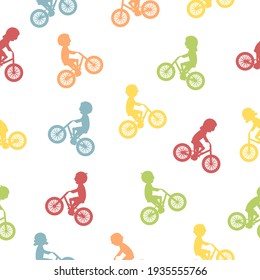 Cute happy children riding bicycles silhouettes. Seamless pattern. Different kids ride bikes. Healthy colorful lifestyle. Sport vehicles competition concept. Vector illustration isolated on white