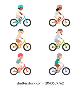 Cute happy children riding bicycles set. Sport vehicles competition concept. Girl and boy ride bikes collection. Vector illustration isolated on white	