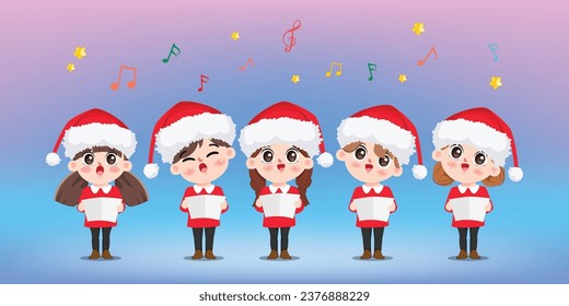 Cute happy children singing Christmas carols with notes on background.