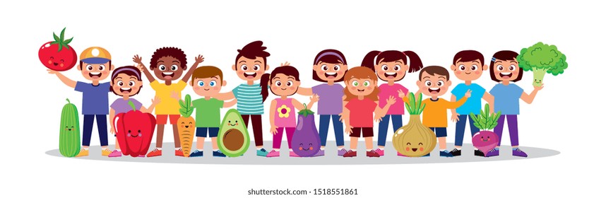 cute happy children smiling with vegetables cartoon. vector illustration