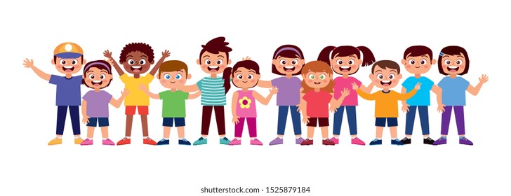 cute happy children smiling and waving hand. vector illustration