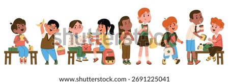 Cute happy children students having breakfast lunch boxes snacking at school on break isolated set. Charming boys and girls kids enjoying healthy food providing good habits vector illustration