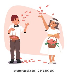 Cute happy children throwing rose flower petals engaged in showering of newlyweds ritual cartoon scene. Little boy and girl wishing long years of happy life for young spouses vector illustration