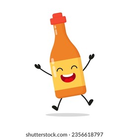 Cute happy chili sauce bottle character. Funny victory jump celebration food cartoon emoticon in flat style. chili sauce bottle emoji vector illustration