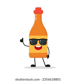 El personaje de la botella usa gafas de sol. Comida divertida saluda a un amigo emoticono de dibujos animados en estilo plano. ilustración vectorial de la botella de salsa de chili