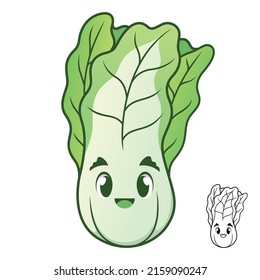 Cute Happy Chinese Cabbage with Black and White Line Art Drawing, Vegetables, Vector Character Illustration, Outline Cartoon Mascot Logo in Isolated White Background.