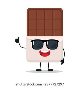 Cute happy chocolate bar character wear sunglasses. Funny sweet greet friend cartoon emoticon in flat style. closet vector illustration