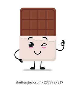 Cute happy chocolate bar character. Funny smiling and wink sweet cartoon emoticon in flat style. closet vector illustration