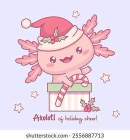 Cute happy Christmas Axolotl in festive gift box. Little cartoon pink kawaii character in Santa hat with striped caramel candy. Vector illustration. New Year funny postcard. Kids collection