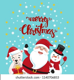 Cute happy Christmas characters. Christmas greeting card. Vector illustration