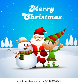 Cute Happy Christmas Characters as Snowman, Santa Claus and Funny Elf on winter background.