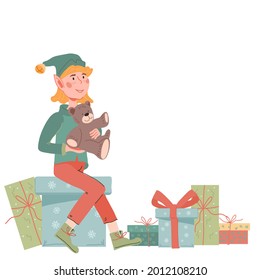 Cute and happy Christmas elf boy sitting on stack of gift boxes, flat vector illustration isolated on white background. Christmas elf with toys and gifts.