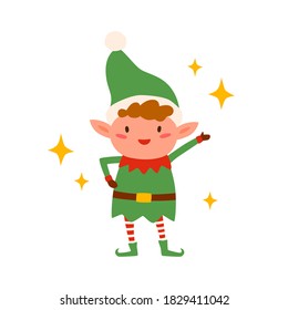 Cute happy christmas elf isolated on white background. Funny little santa helper wearing xmas hat and green costume. Holiday childish dwarf. Flat vector cartoon illustration of fairy character.