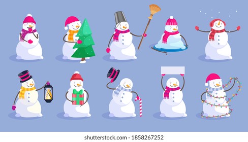 Cute happy Christmas frosty snowman character set. Funny cartoon smiling personage with fir tree, garland, broom, lantern, gift box, placard, candy cane vector illustration isolated on blue background