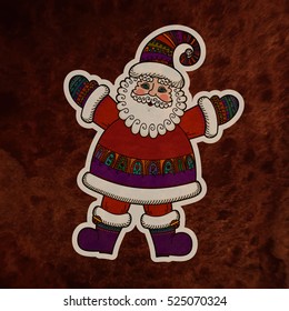 Cute happy christmas santa claus cartoon character with hat, mittens (or gloves) on textured background. Hand drawn winter holidays design elements. Vector illustration.