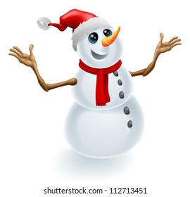 A cute happy Christmas snowman wearing a Santa hat and scarf