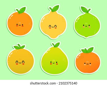 Cute happy citrus icons set. Vector hand drawn trendy cartoon character illustration. Set of citrus for a postcard, concept of a set of labels