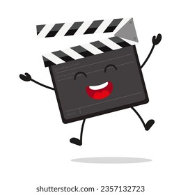 Cuidado y feliz personaje de la pizarra. Divertido emoticono de pizarra de la celebración del salto de victoria en estilo plano. ilustración vectorial de placa de cierre