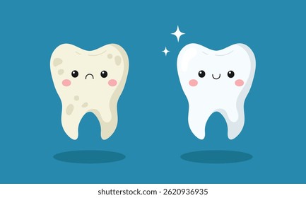 Cute happy clean white tooth and sad dirty tooth character. Tooth before and after whitening or cleaning. Vector illustration