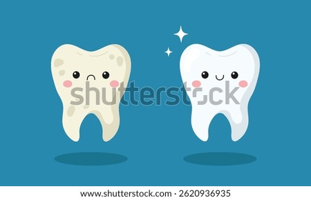 Cute happy clean white tooth and sad dirty tooth character. Tooth before and after whitening or cleaning. Vector illustration