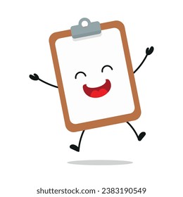Cute happy clipboard character. Funny victory jump celebration notepad cartoon emoticon in flat style. closet vector illustration