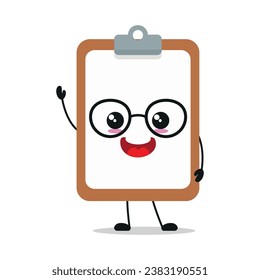 Cute happy clipboard character wear eyeglasses. Smiling and greet notepad cartoon emoticon in flat style. closet vector illustration