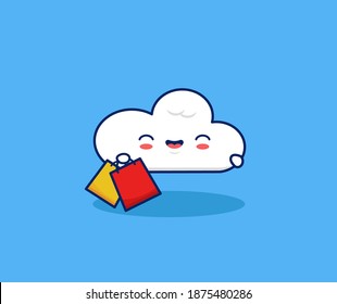 Una linda nube feliz lleva una bolsa de compras. E-commerce en línea de compras vectores de dibujos animados de mascota