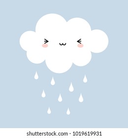 Cute Happy Cloud with Rain Drops, Print or Icon Vector Illustration