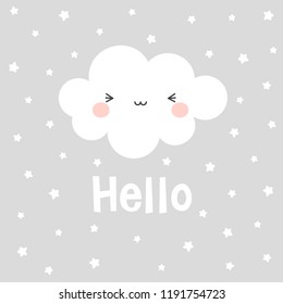 Cute Happy Cloud with Rain Drops, Print or Icon Vector Illustration, hello text