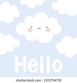 Cute Happy Cloud with Rain Drops, Print or Icon Vector Illustration, hello text