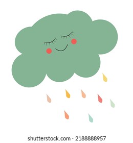 Cuidar la nube feliz con caídas de lluvia, impresión o imagen vectorial de iconos