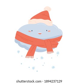 Cute happy cloud in scarf and red Santa hat with falling snowflakes. Snow and cold winter weather icon with funny childish character. Colored flat vector illustration isolated on white background