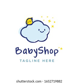 Cute happy cloud and yellow bird and stars template logo vector for baby shop in withe background